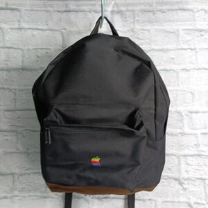 Vintage 90s Apple Multicolored Rainbow Logo Backpack Black Leather Base s11